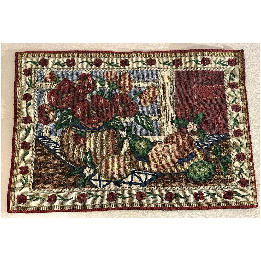 Vintage Woven Tapestry Placemat Floral Fruit Still Life Cottagecore Decor
